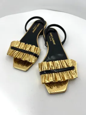 SAINT LAURENT EDIE METALLIC SNAKESKIN SLINGBACK FLAT SANDALS